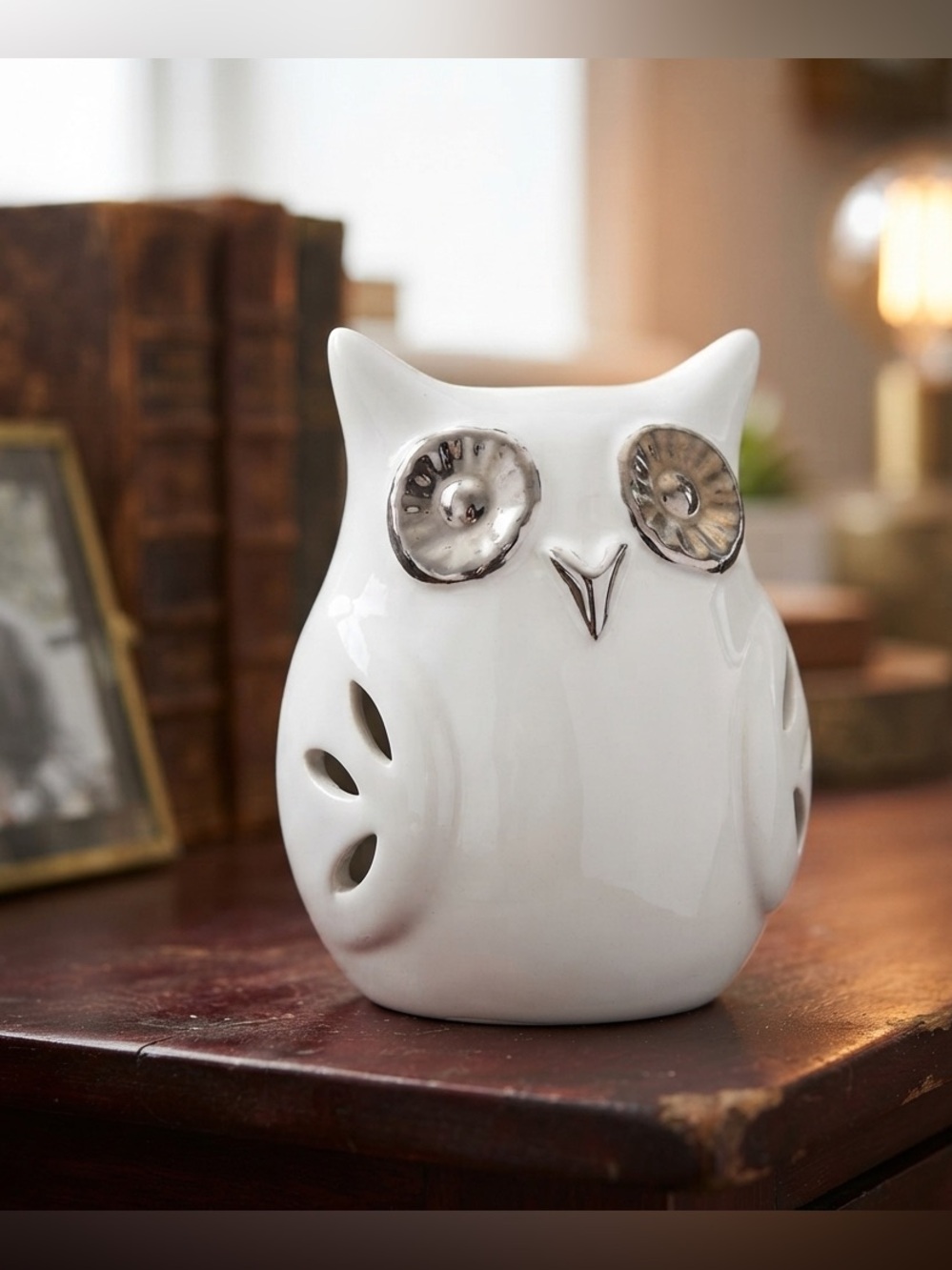 Ceramic Owl Figurine in White and Silver